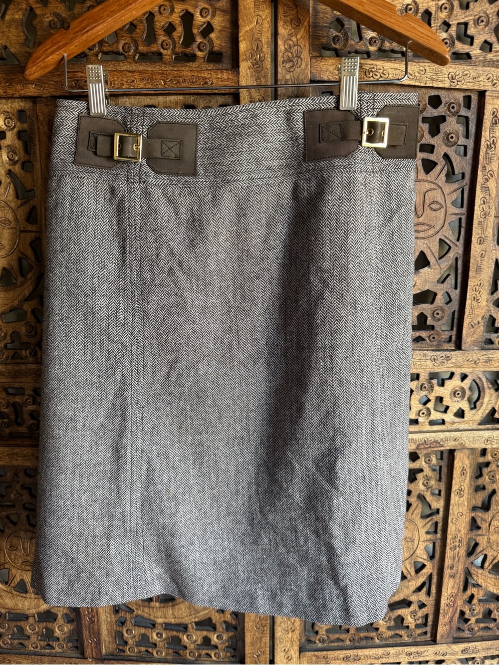 Tory Burch Herringbone Wool Pencil Skirt Leather Buckles Size 8